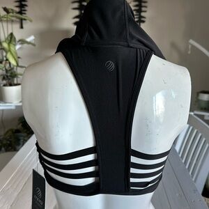 MPG XS black sports bra elliptical sports bra, unique with zipper hood NWT